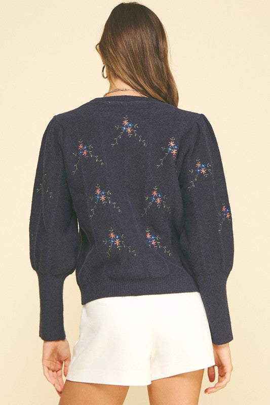 Navy Floral Embroidered Sweater