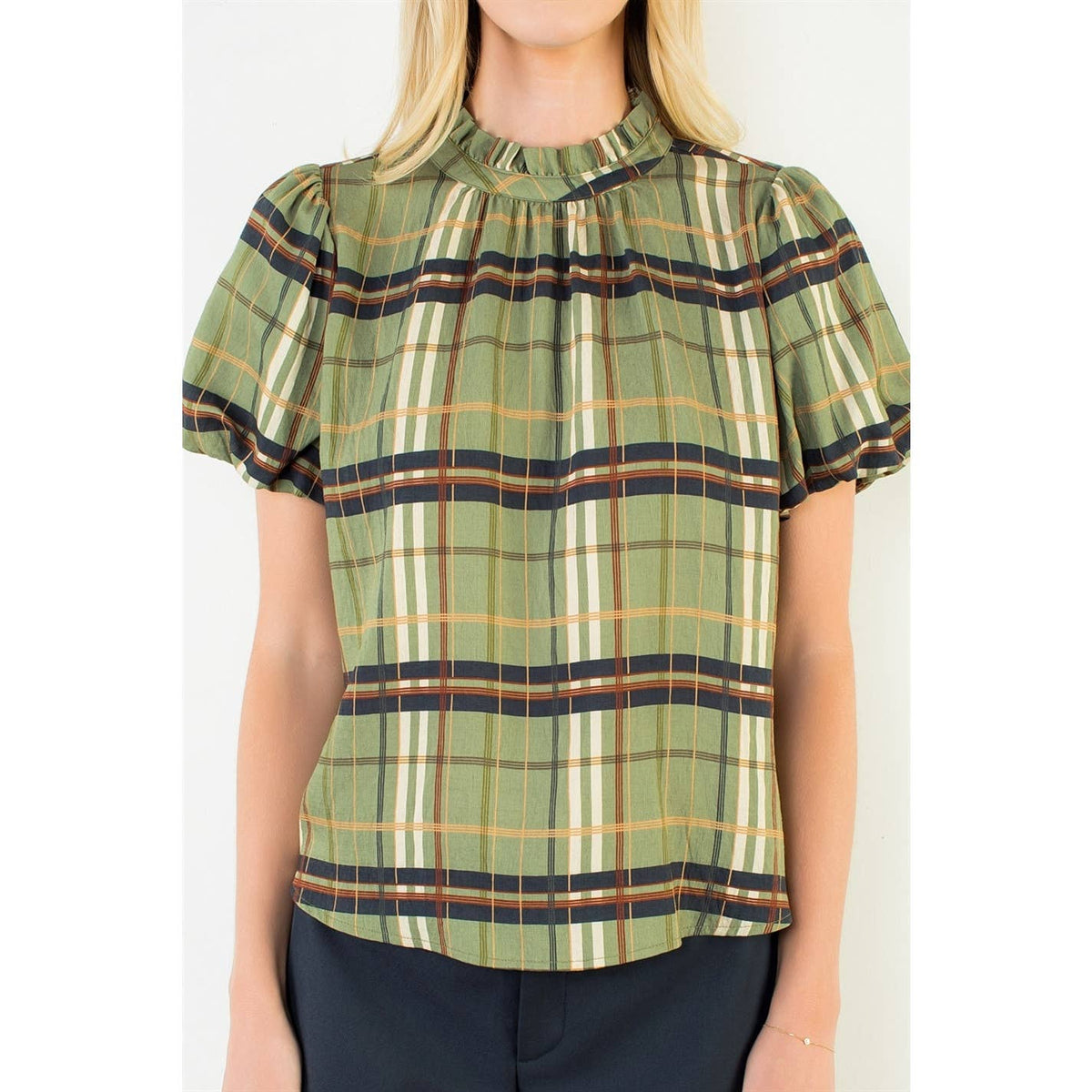 Olive Ruffled Neck Plaid Top