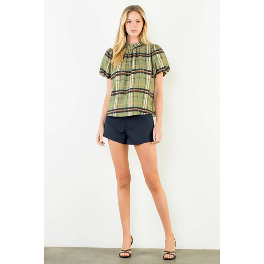 Olive Ruffled Neck Plaid Top