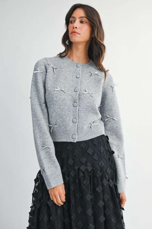 Cropped Bow Cardigan in Heather Grey