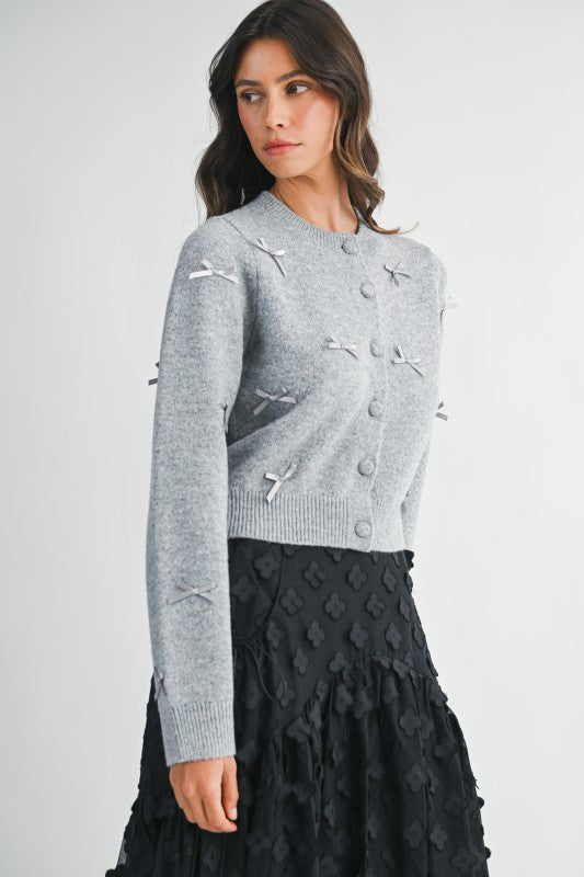 Cropped Bow Cardigan in Heather Grey