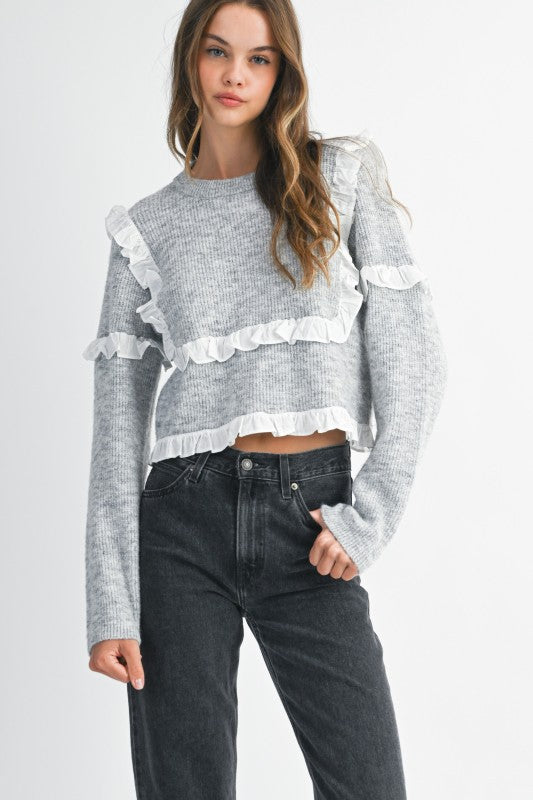Ribbed Ruffle Detail Sweater in Heather Grey