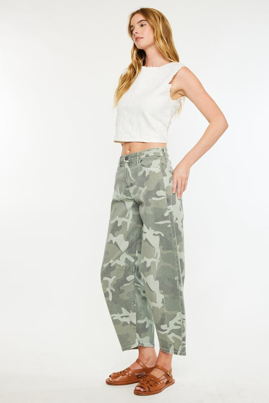 Camo High Rise Barrel Jeans