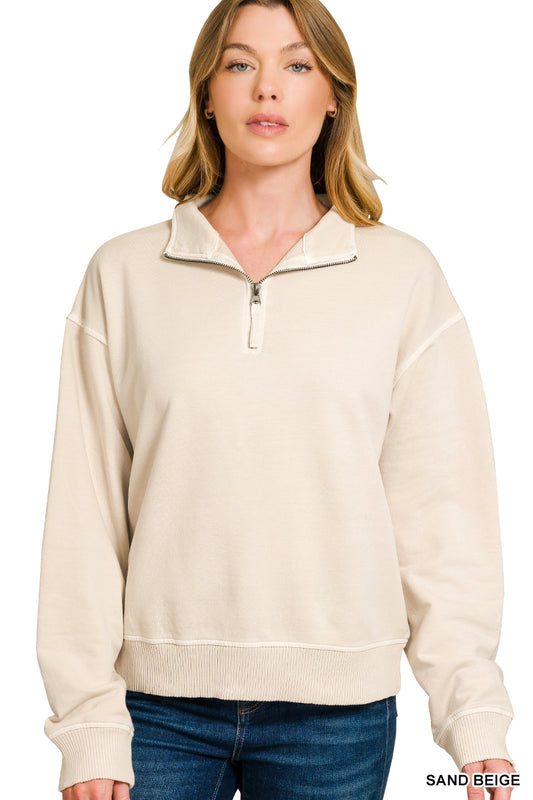 French Terry Quarter Zip in Sand Beige