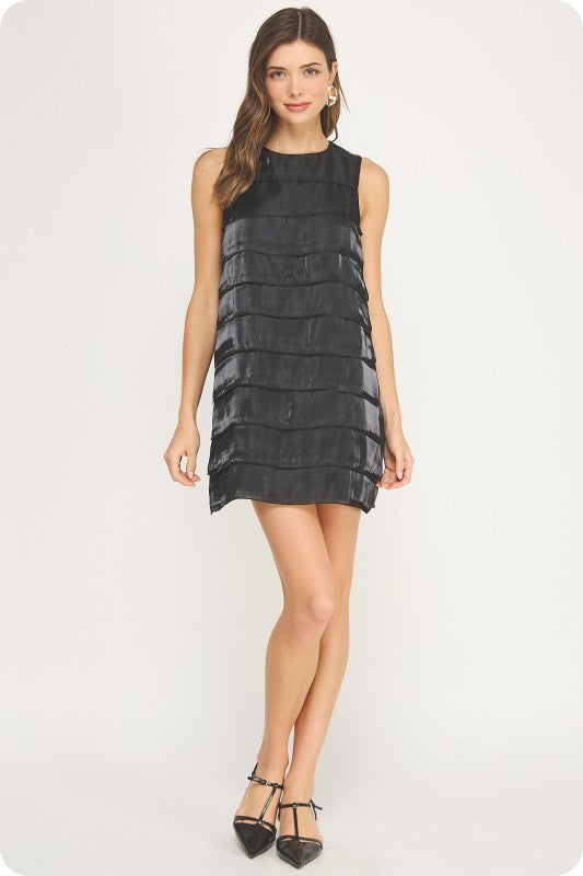 Tiered Sleeveless Satin Mini Dress