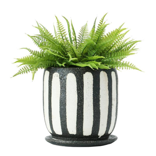 Round Terra-cotta Planter w/ Saucer, Blk & Wht
