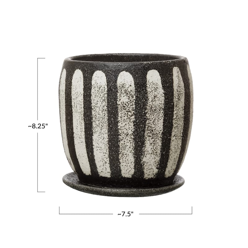 Round Terra-cotta Planter w/ Saucer, Blk & Wht