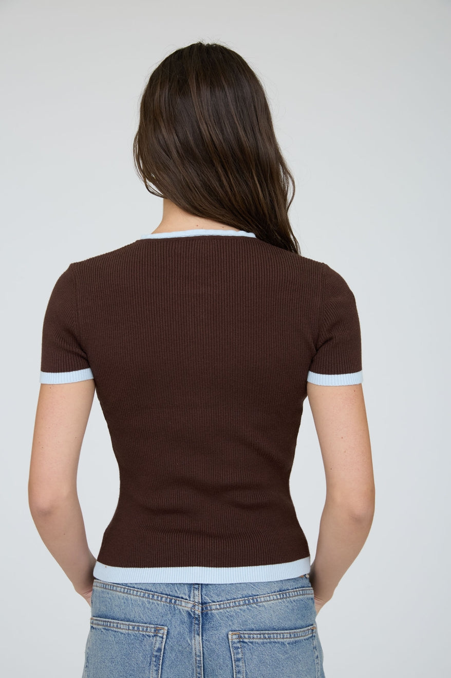 Brown Contrast Lettuce Trim Short Sleeve Knit Cardigan