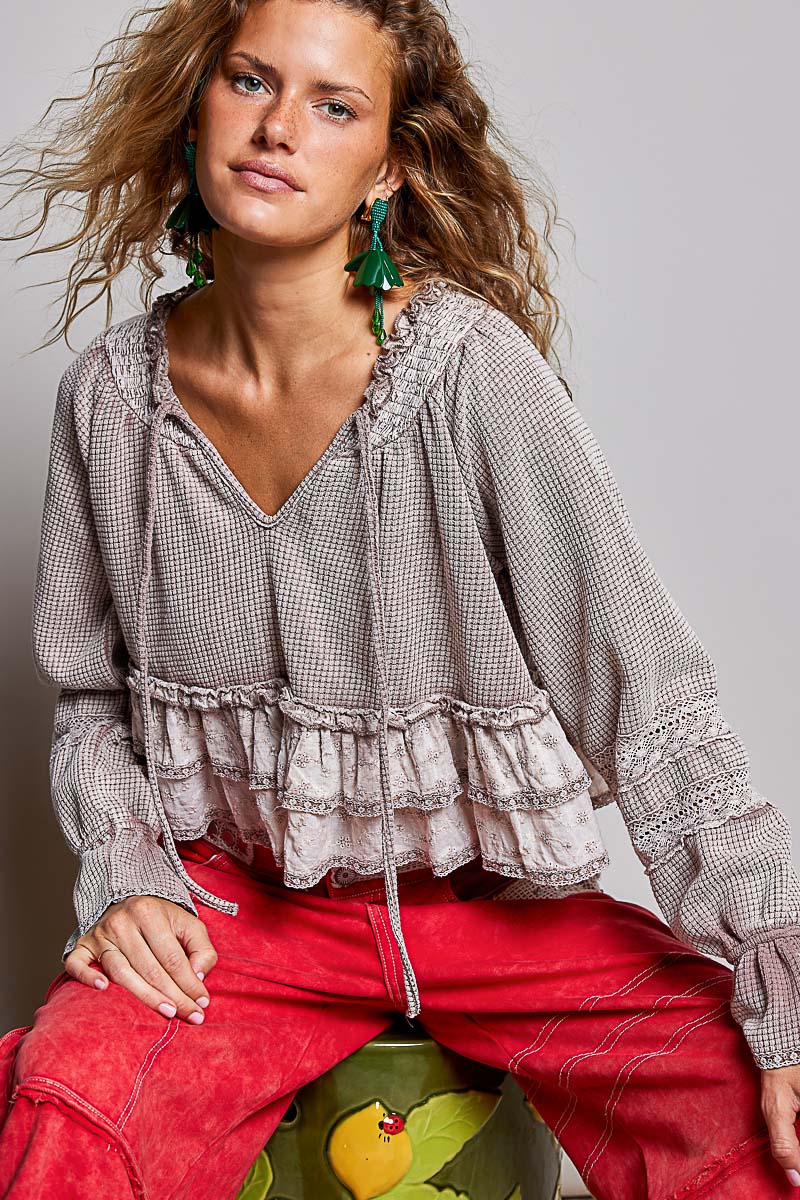 Deep V-Neck Cotton Eyelet Ruffle Balloon Sleeve Thermal Top in Rose Taupe