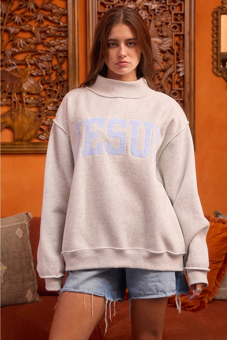 Seersucker Appliqué Jesus Mock Neck Sweatshirt