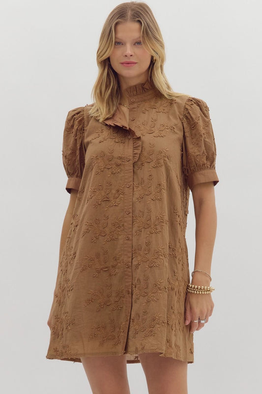 EN35 Mocha 3D Floral Appliqué Mini Dress