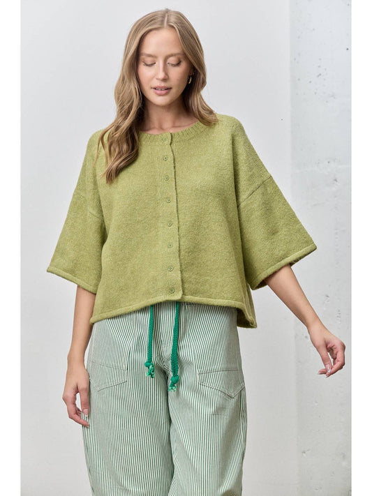 Green Button Up Short Sleeve Knit Cardigan