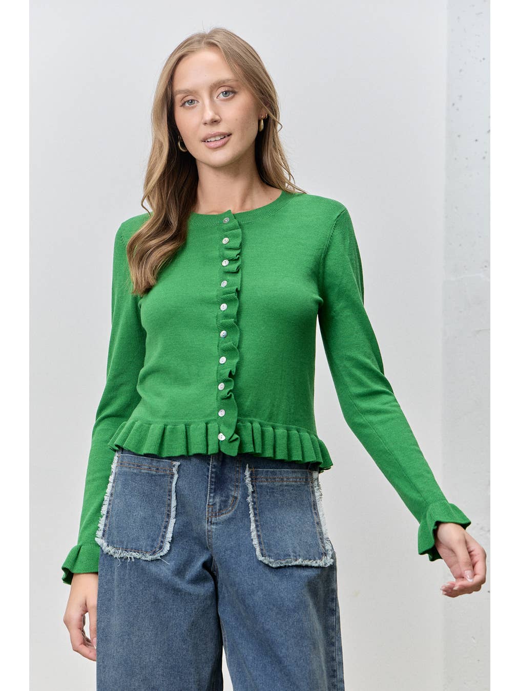 Green Ruffle Hem Button Up Top