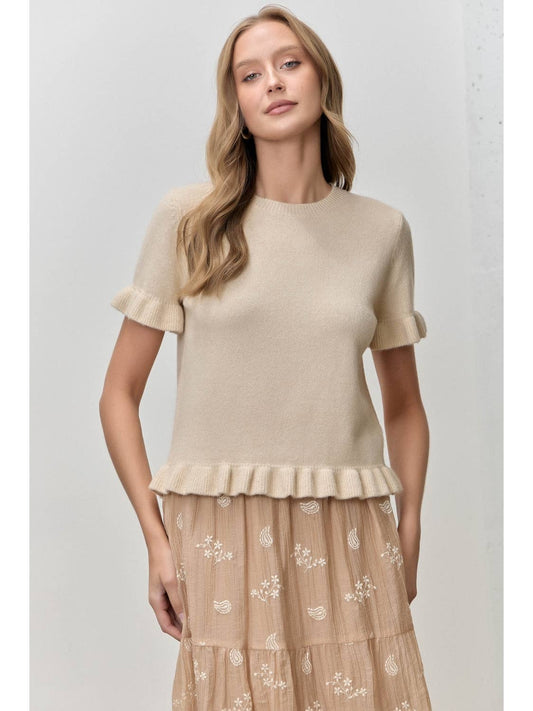 Ruffled Hem Short Sleeve Sweater Top