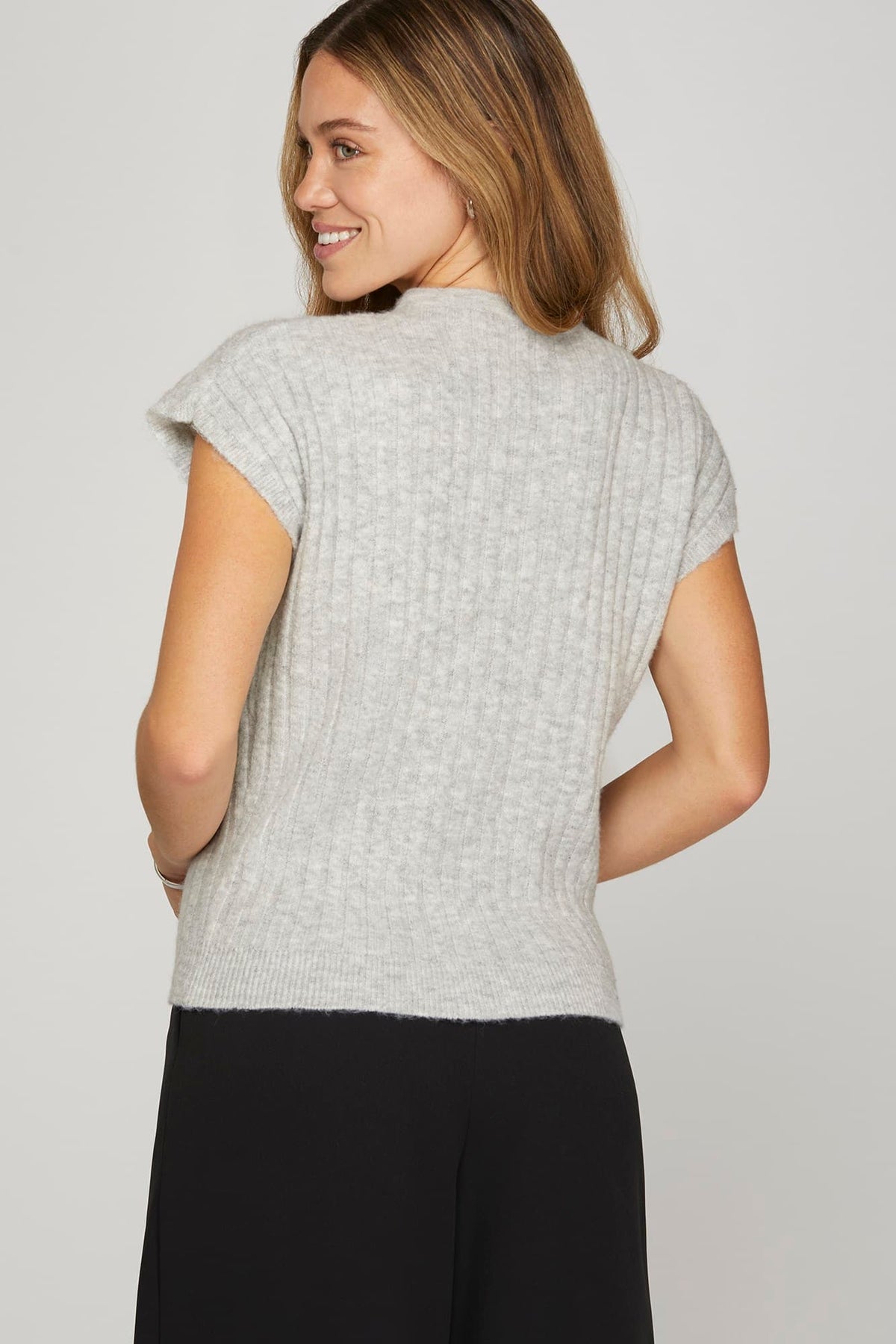 Grey SHORT SLEEVE RIBBED KNIT SWEATER TOP