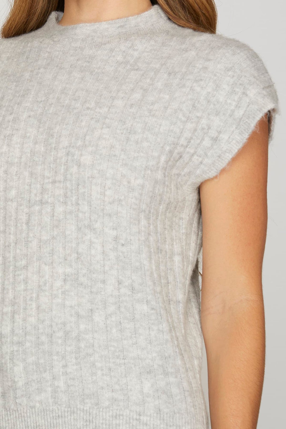 Grey SHORT SLEEVE RIBBED KNIT SWEATER TOP