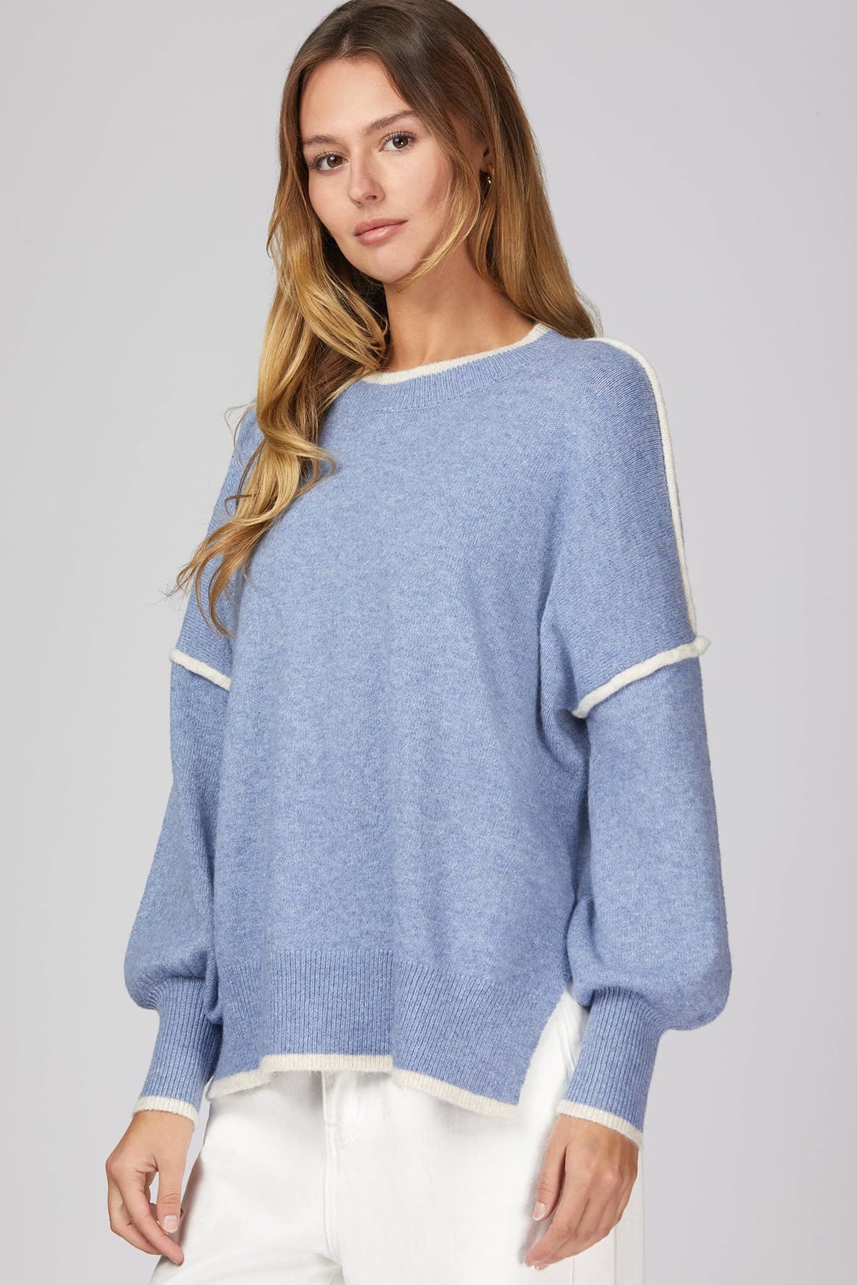 Dusty Blue LONG SLEEVE CONTRAST SWEATER TOP