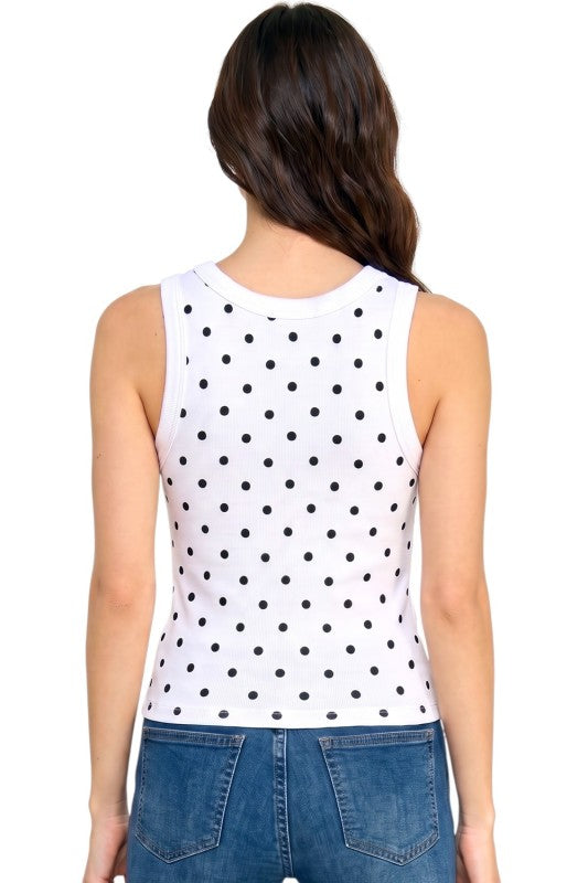 White Polka Dot Print Ribbed Racerback Tank Top