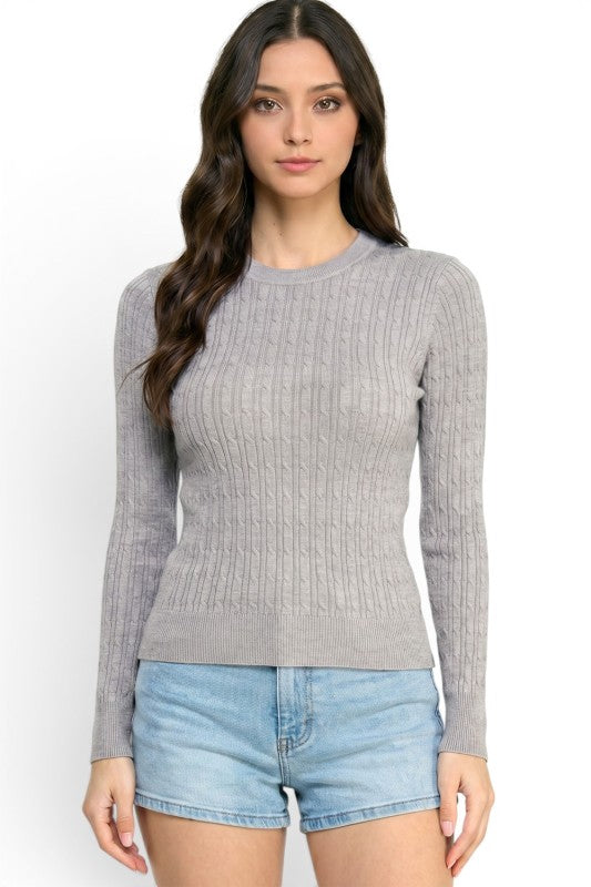 Grey Fitted Cable Knit Sweater