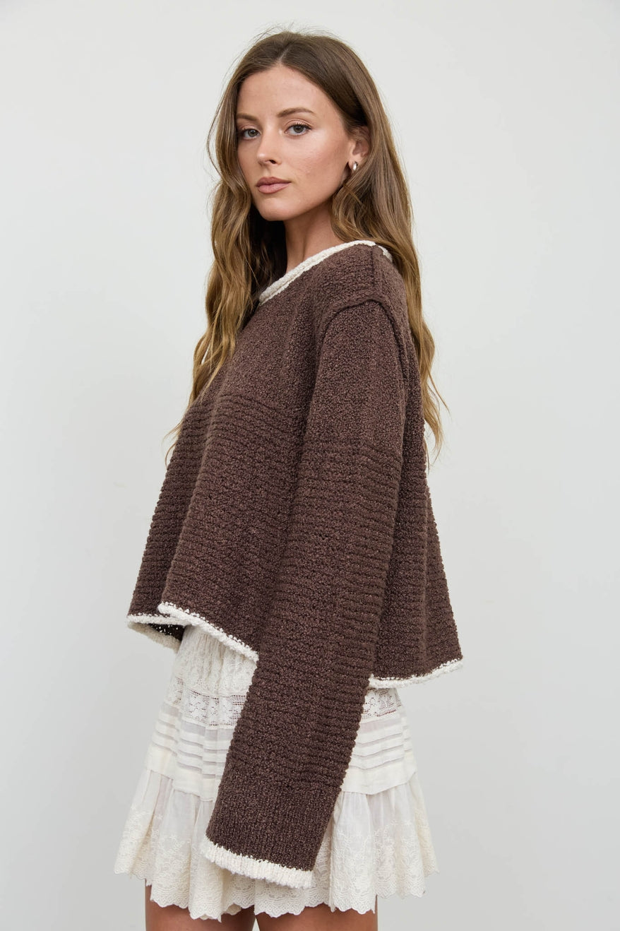 Brown Contrast Trim and Knit Pattern Long Sleeve Sweater