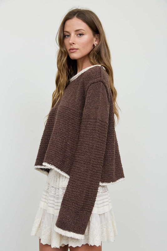 Brown Contrast Trim and Knit Pattern Long Sleeve Sweater