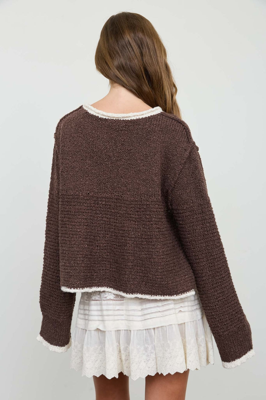 Brown Contrast Trim and Knit Pattern Long Sleeve Sweater