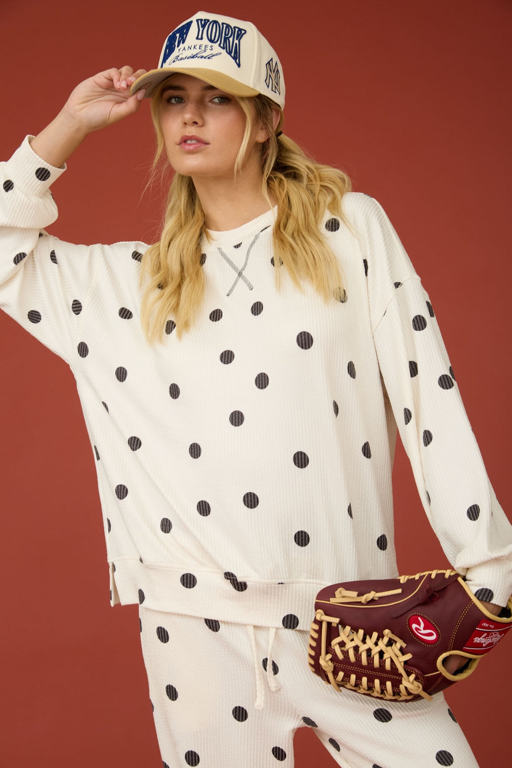 Ivory Polka Dot Textured Long Sleeve Crew Knit Top