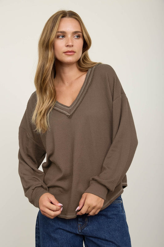 Mocha Raw Edge V-Neck Long Sleeve Textured Knit Top