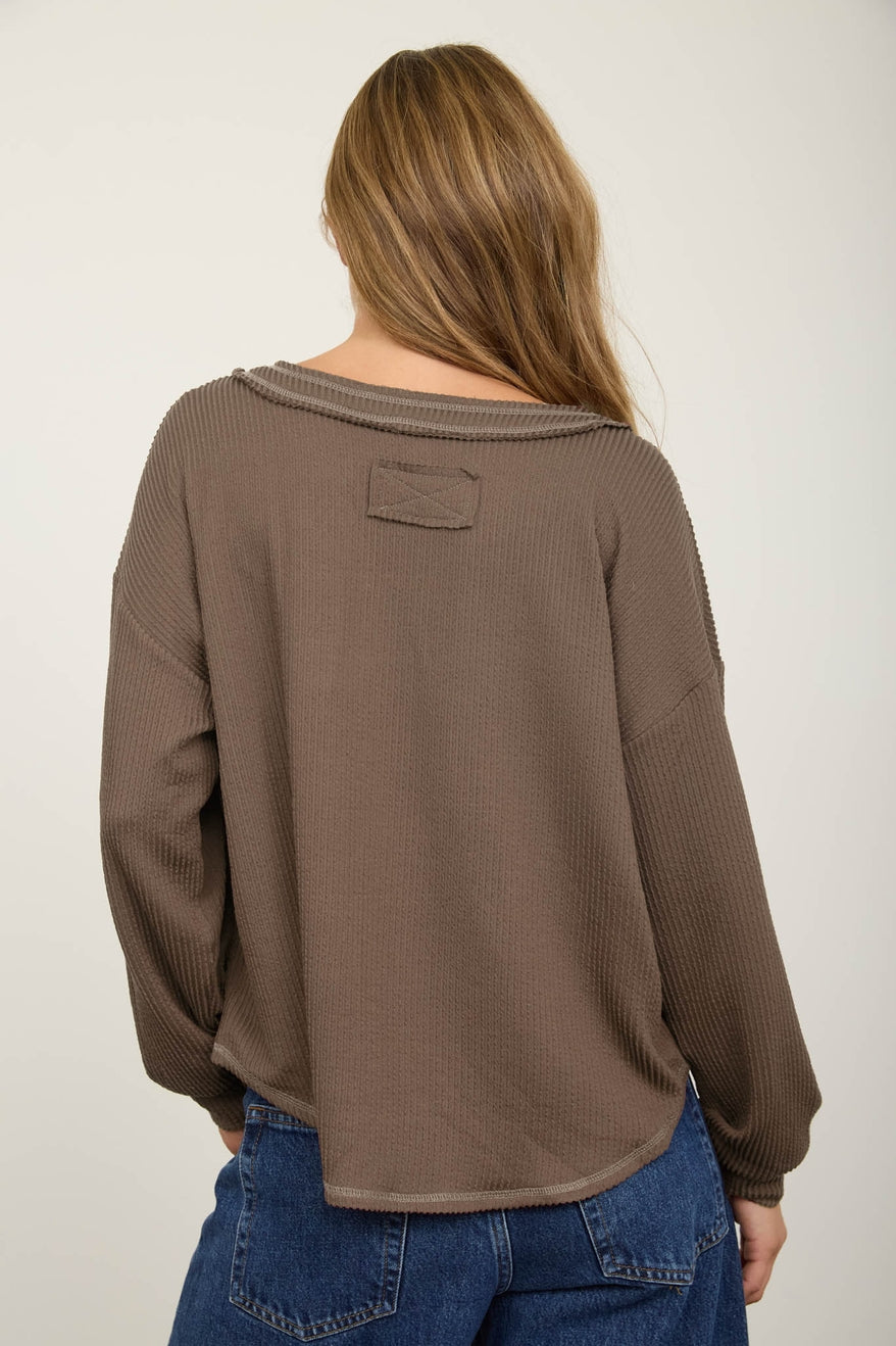 Mocha Raw Edge V-Neck Long Sleeve Textured Knit Top