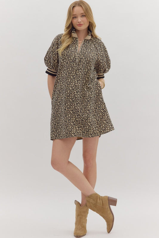 Leopard Dress with Taupe/ Black Striped Trim