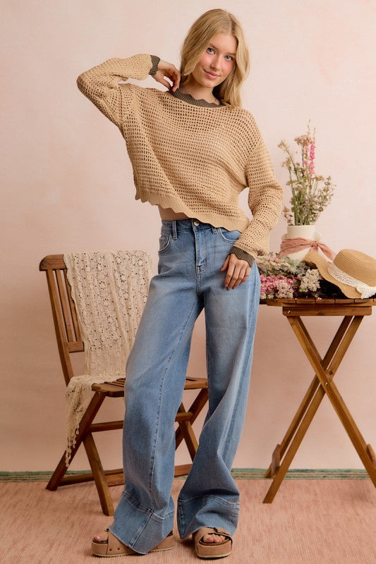 Taupe/Olive Scallop Mesh Sweater