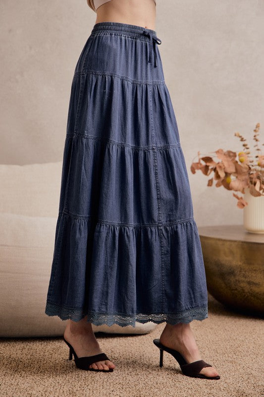 Shirred Denim Flowy Lace Trim Maxi Skirt