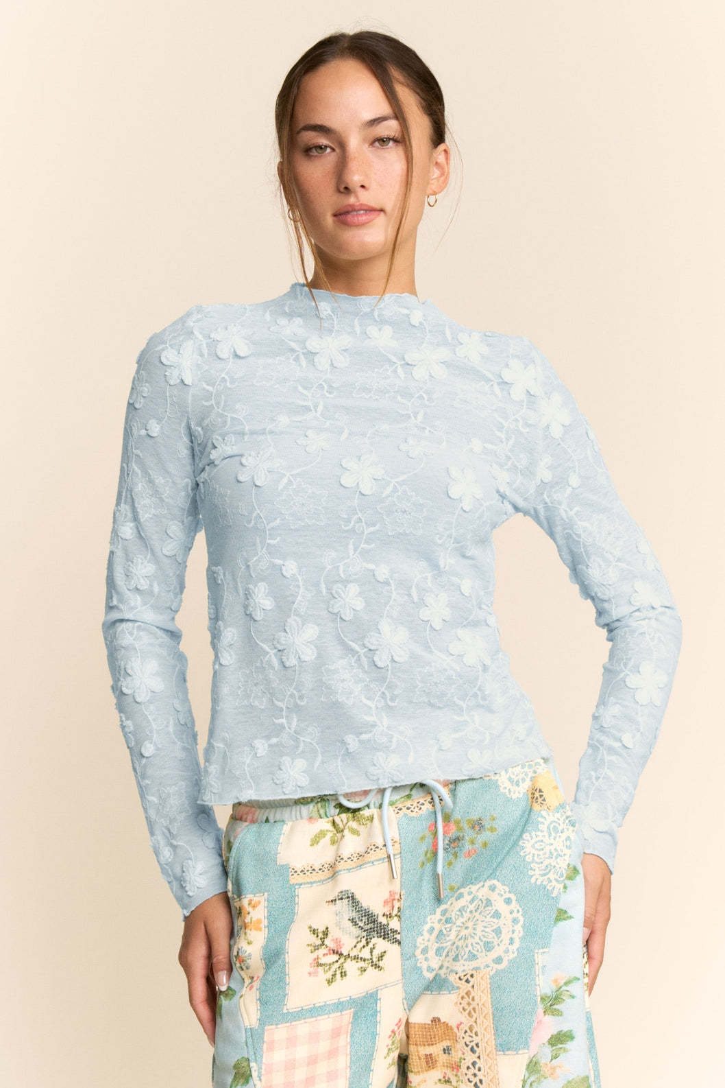 Light Blue Long Sleeve Floral Embroidered Mock Neck Mesh Top