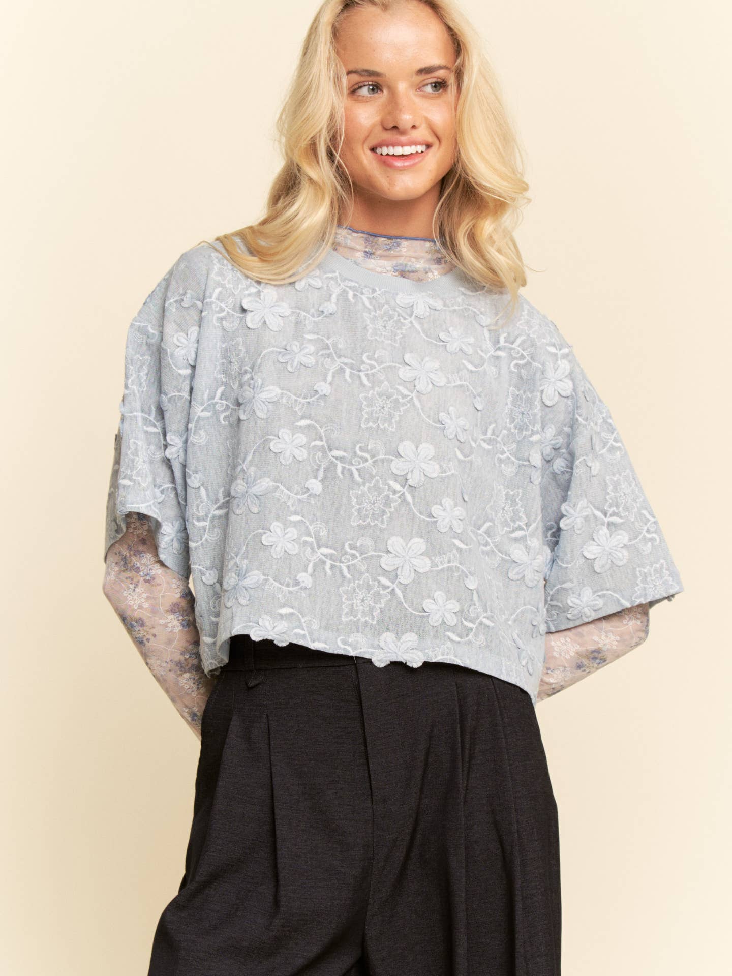 Blue Combo Lace Textured Floral Printed Mesh Top Long Sleeve