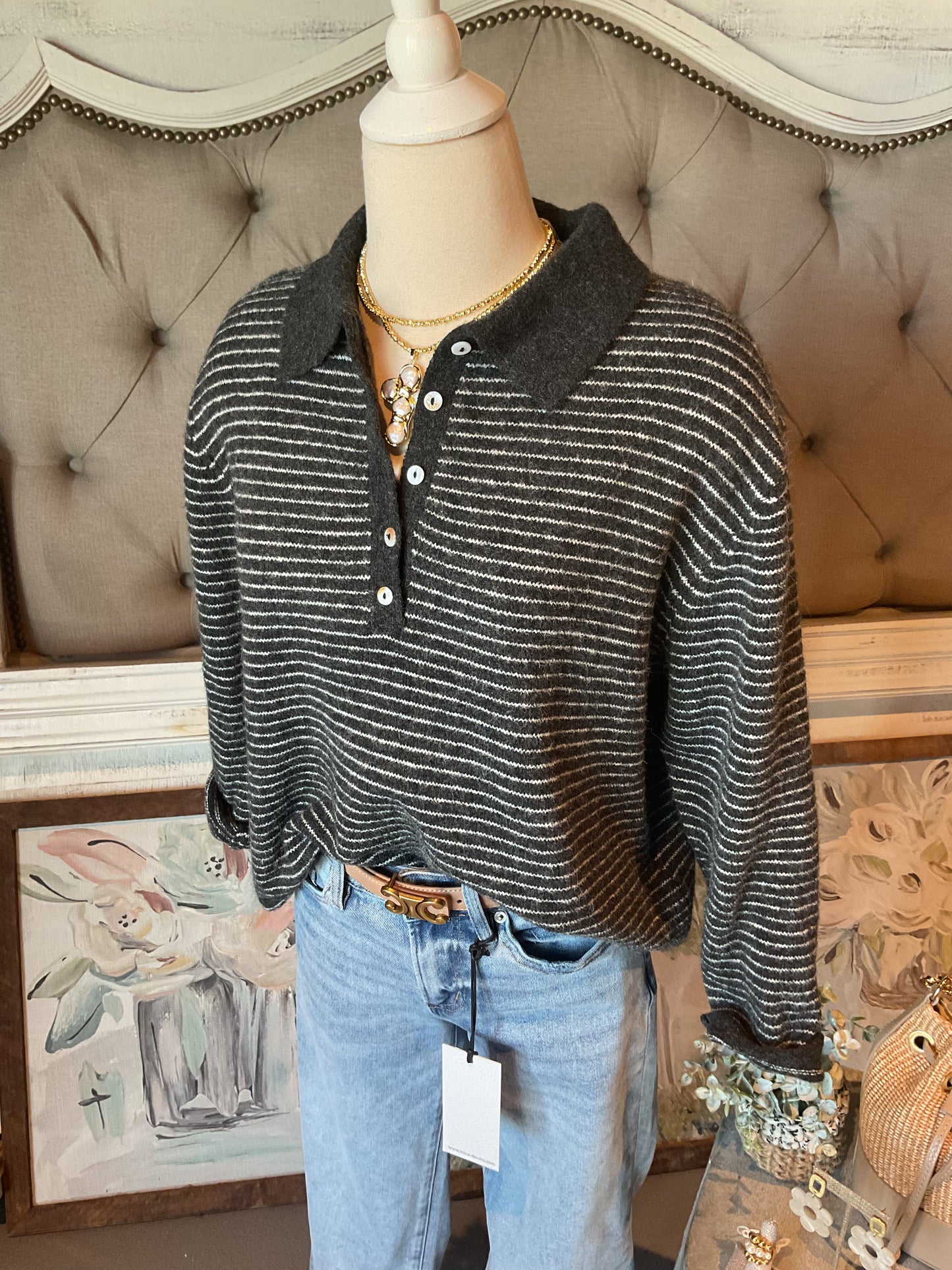 Jaxon Pullover Polo Sweater in Charcoal Stripe