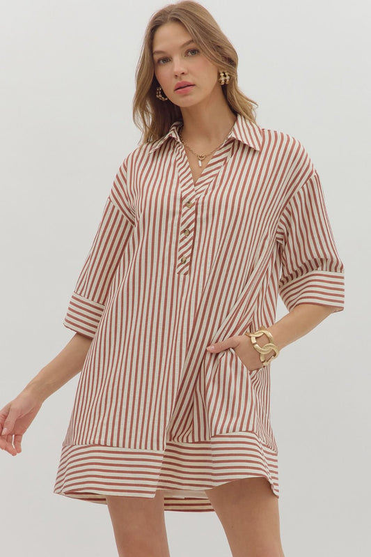 EN42 Black Stripe Pattern ¾ Cuff Sleeve Spread Collar Button Front Mini Dress