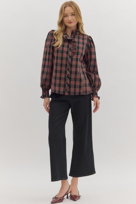 EN45 Plaid Dark Navy Long Sleeve Blouse