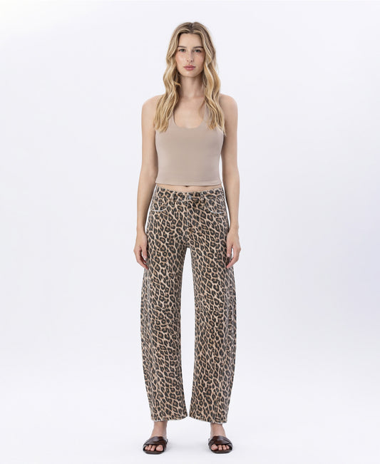 LEOPARD High Rise Leopard Print Barrel Jeans