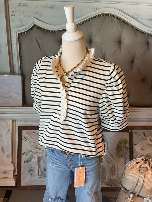 EN43 Cream Black Stripe Pattern Short Puff Sleeve Top Featuring Contrast Accent Ruffle Neck Button Closure at Front.
