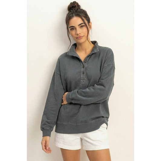Dark Grey Mineral Wash Button Front Sweatshirt