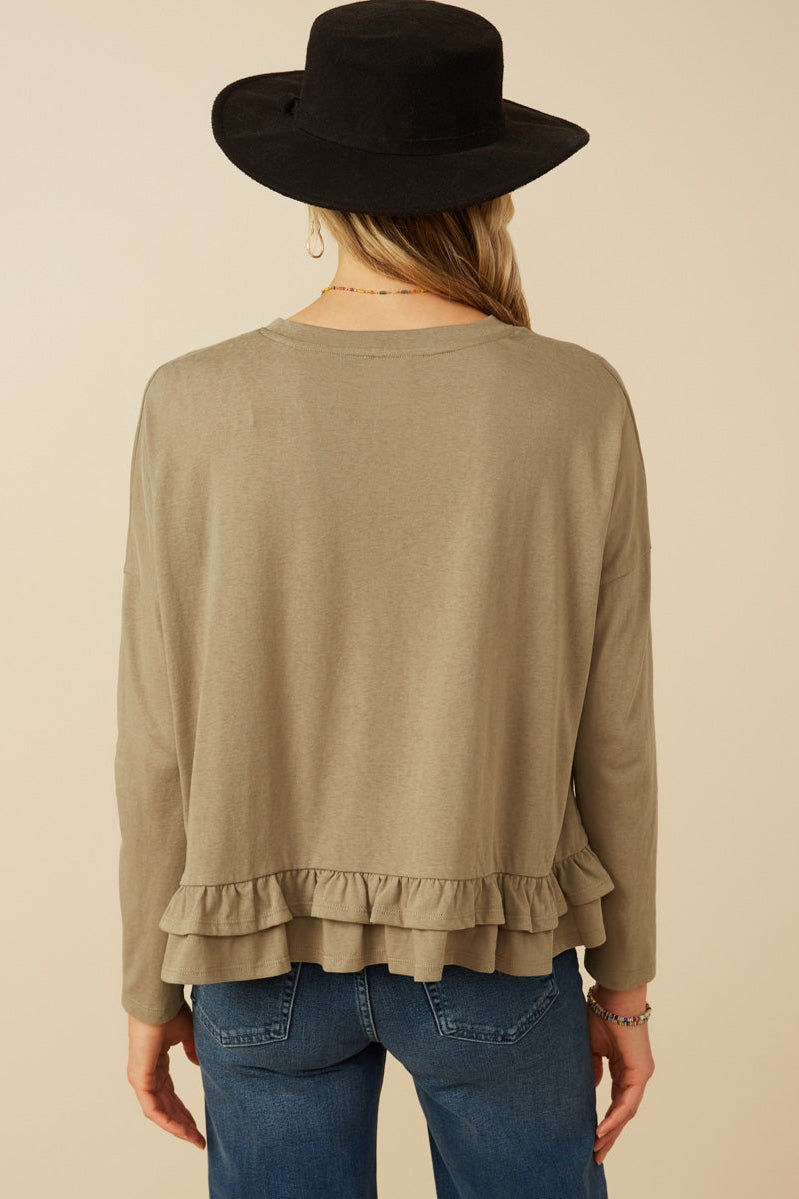 Olive Marled Textured Ruffle Hem Long Sleeve Tee