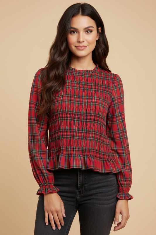 Red Plaid Ruffle Neck Smocked Body Top