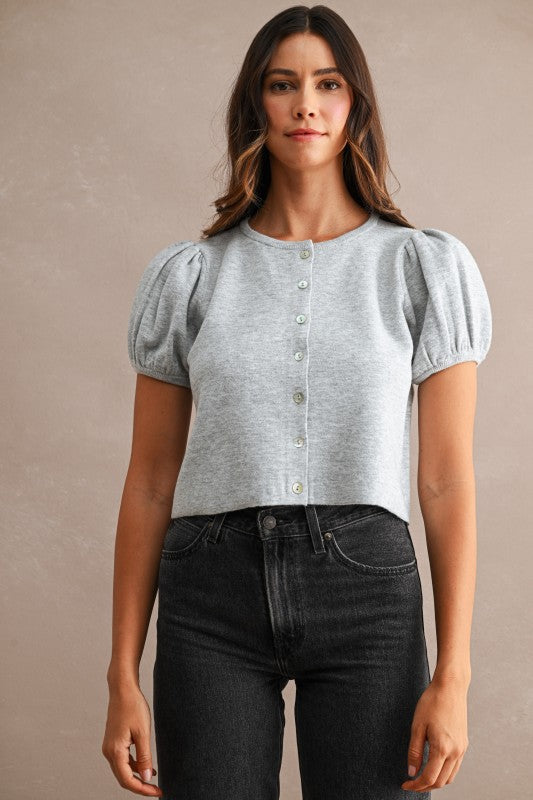 Light Heather Grey Short Puff Sleeve Cardigan