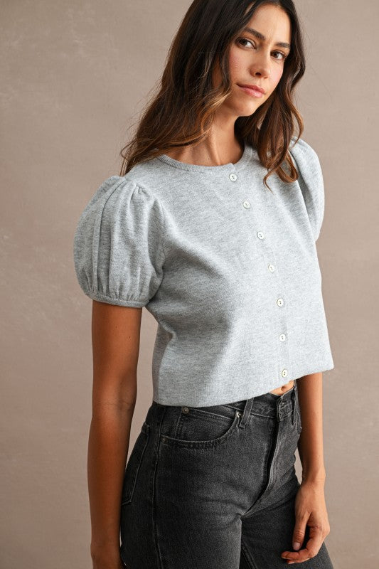 Light Heather Grey Short Puff Sleeve Cardigan