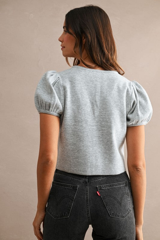 Light Heather Grey Short Puff Sleeve Cardigan