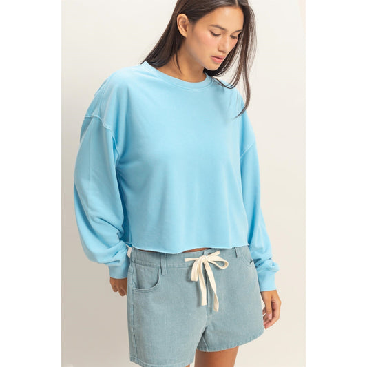 Cropped Mineral Washed Sweatshirt in Blue