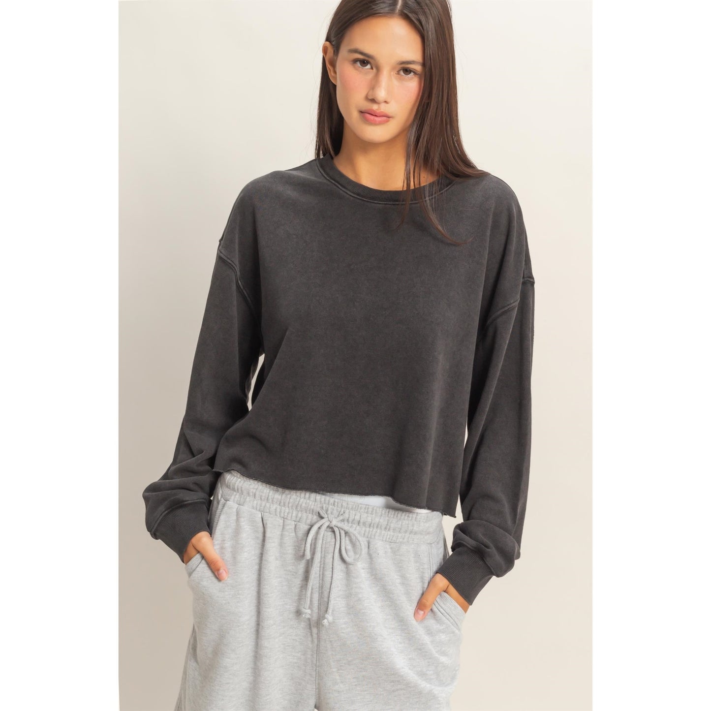 Cropped Mineral Washed Sweatshirt in Black