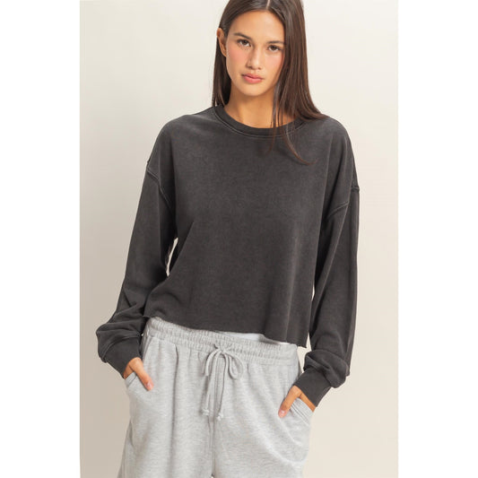 Cropped Mineral Washed Sweatshirt in Black