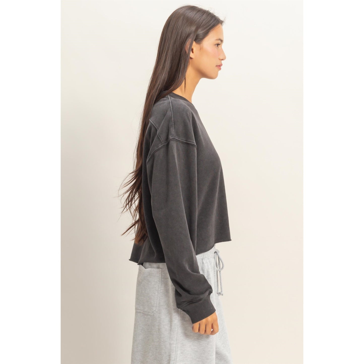 Cropped Mineral Washed Sweatshirt in Black