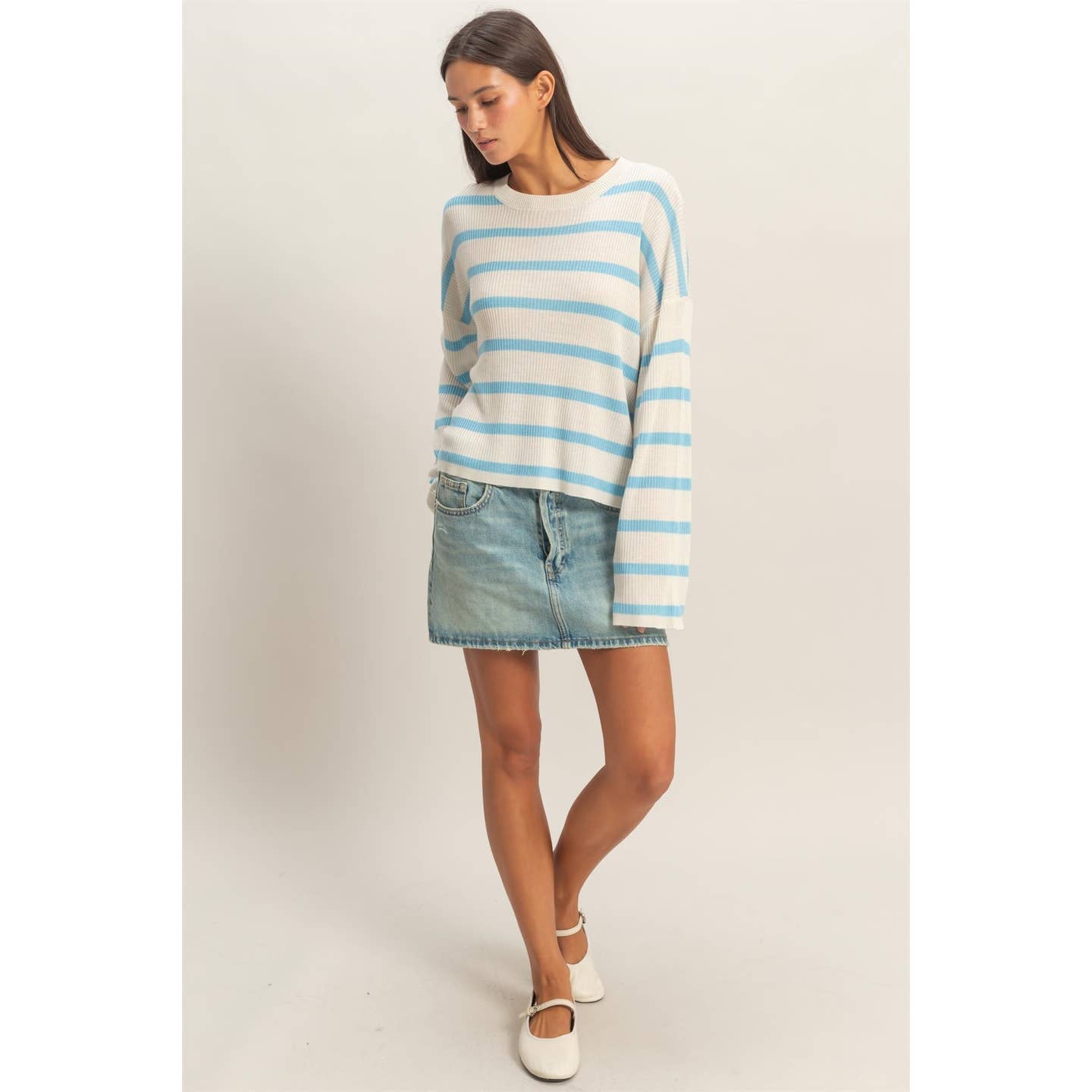 Lightweight Wide Sleeve Striped Sweater in Blue